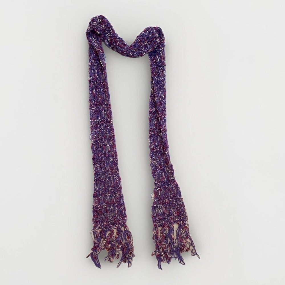 Shades of Purple Pink White Textured Open-weave Scarf with Fringe 68" x 5"